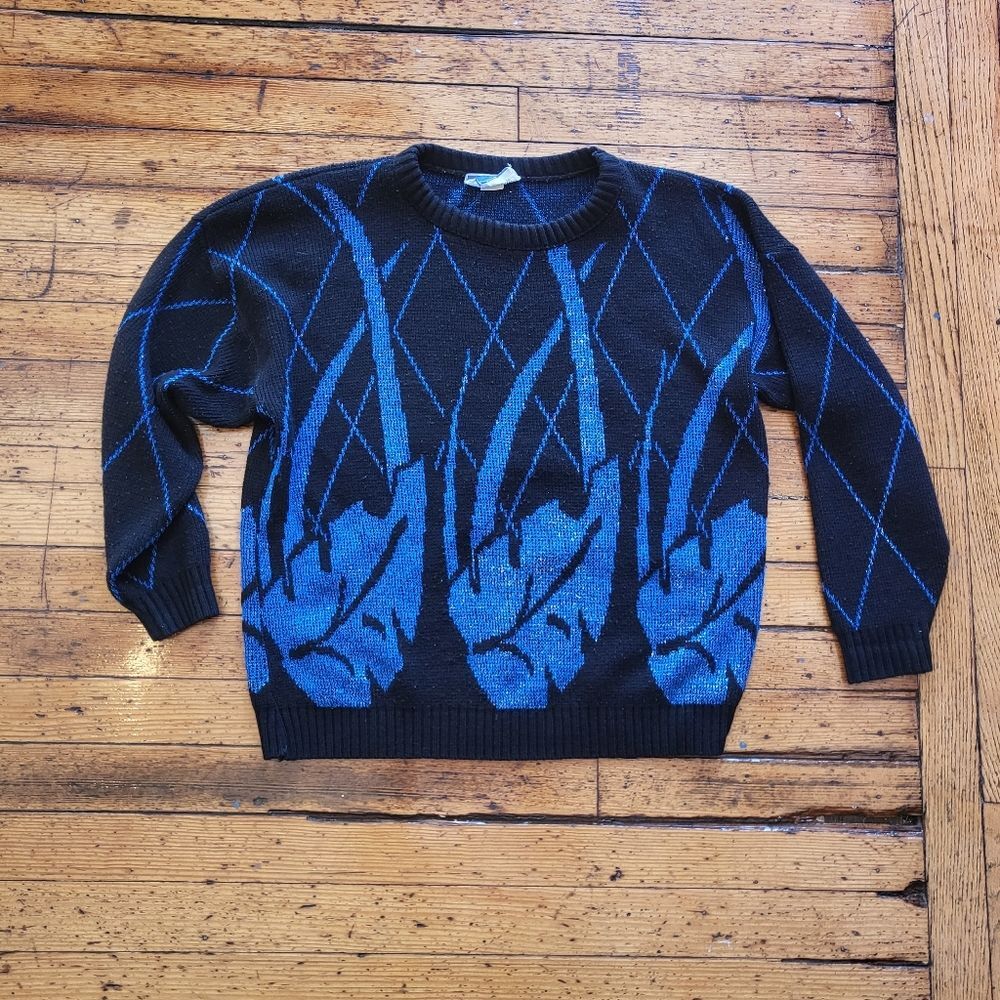 Jonathan Cass Vintage Blue Metallic Leaf Crewneck‎ Sweater